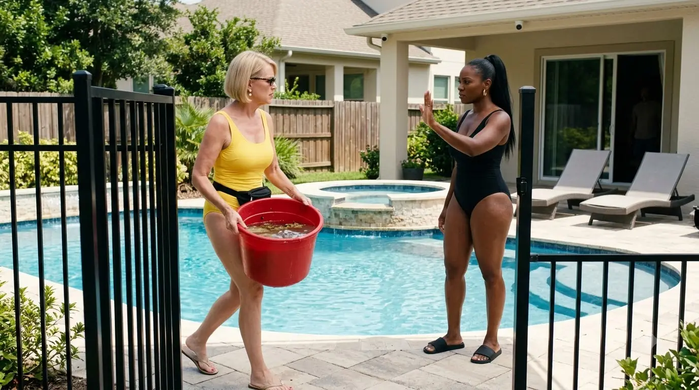 The HOA President Walked Into a Homeowner’s Private Pool With a Red Bucket — Then the Backyard Went Silent