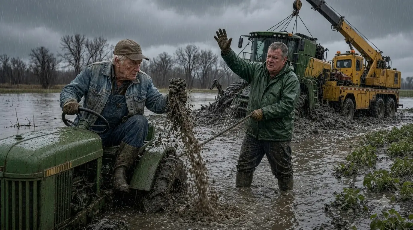 Four Recovery Trucks Failed to Pull the Sunken Combine Free — Then a 74-Year-Old Farmer Studied the Mud