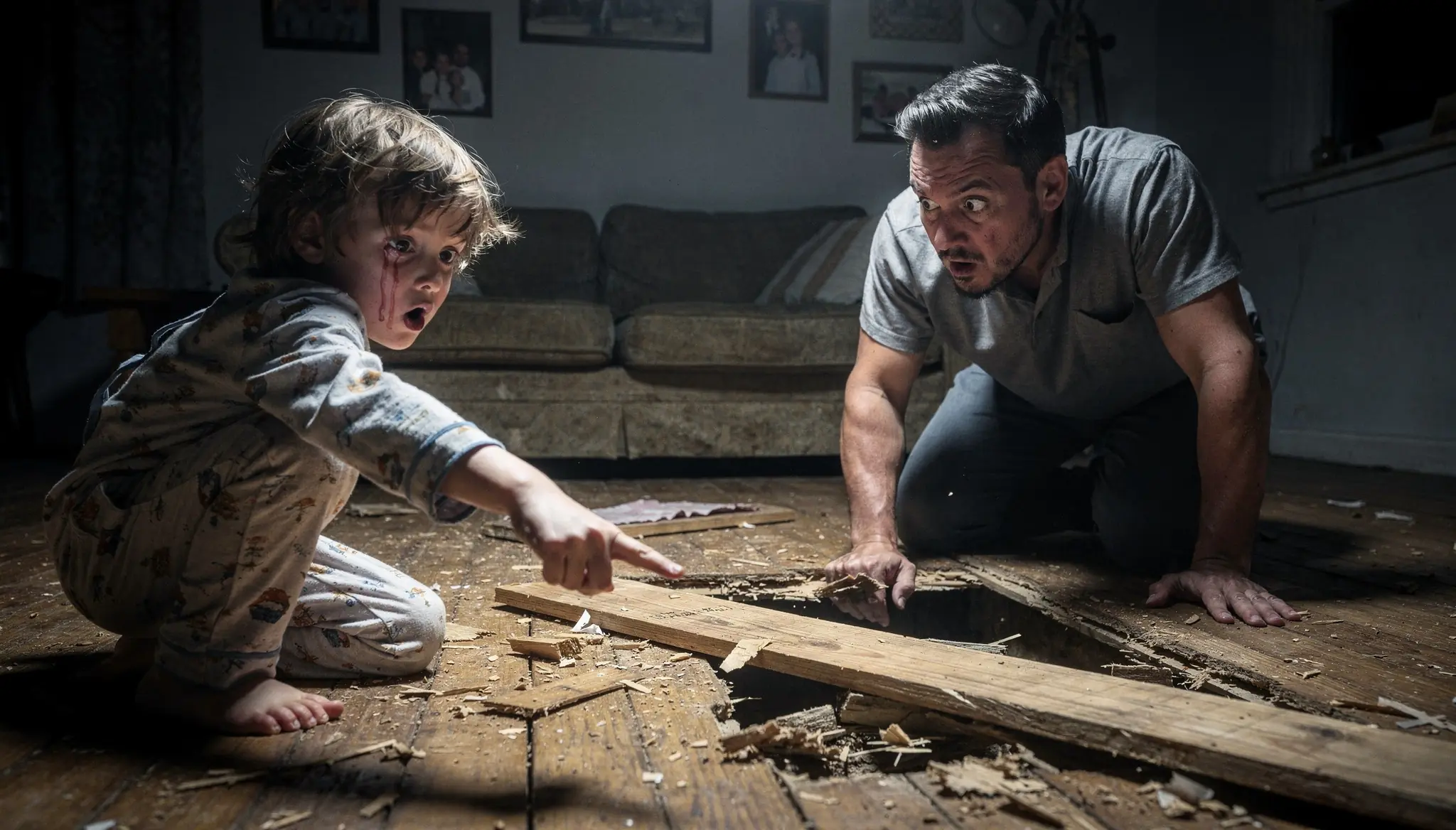 A Crying Little Boy Pointed Beneath the Floor — Then His Father Tore Up the Boards and Went Silent