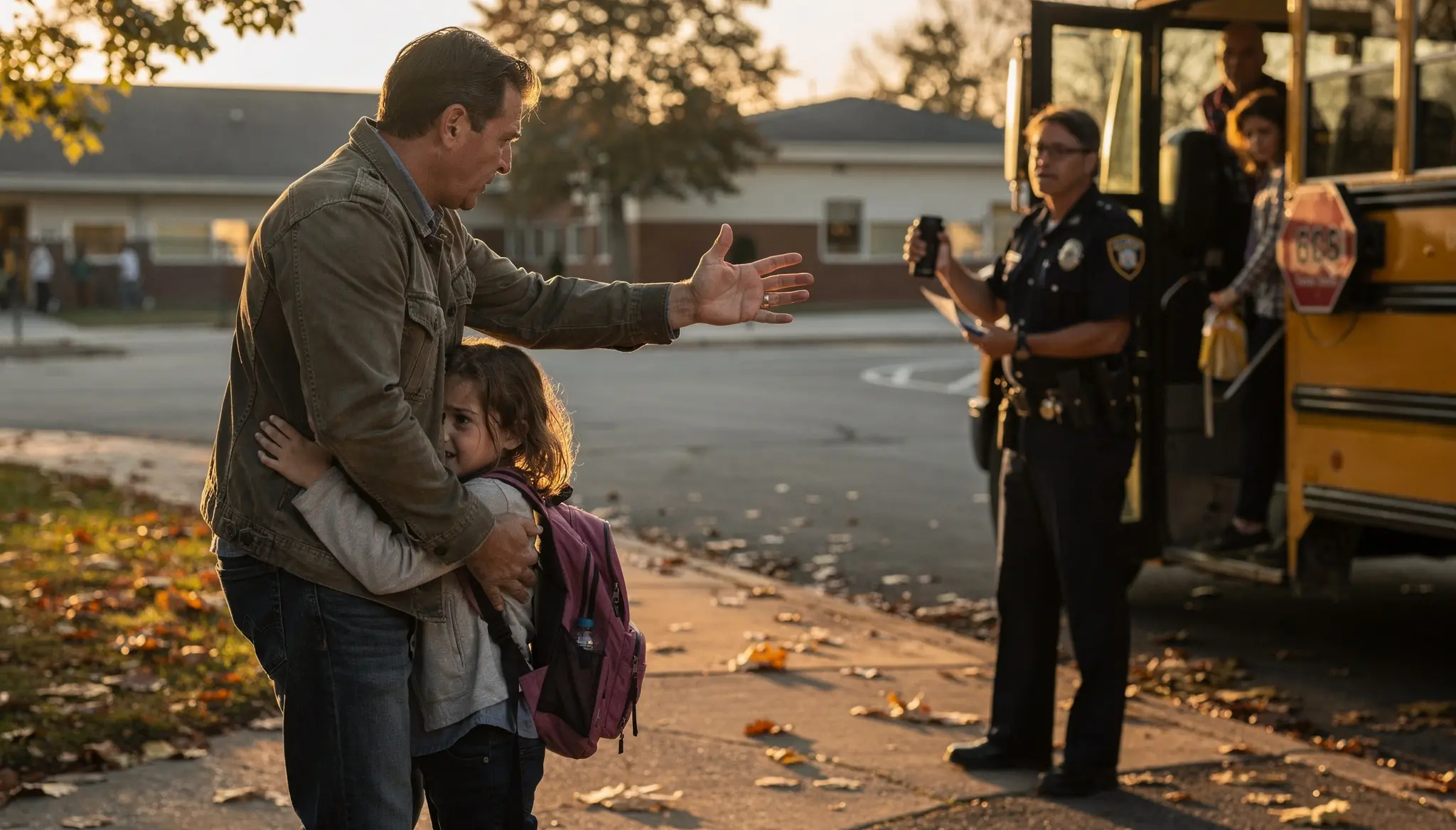 A Little Girl Clung to the Man She Called Dad While a Police Officer Ordered Him Back — Then Someone Stepped Off the School Bus