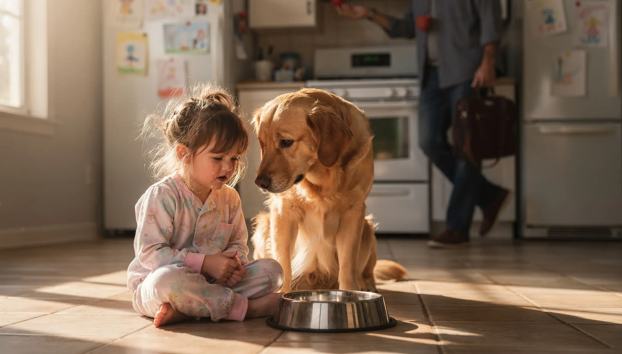A Little Girl Was Crying Beside the Dog’s Bowl — Then Her Father Walked Into the Kitchen Early