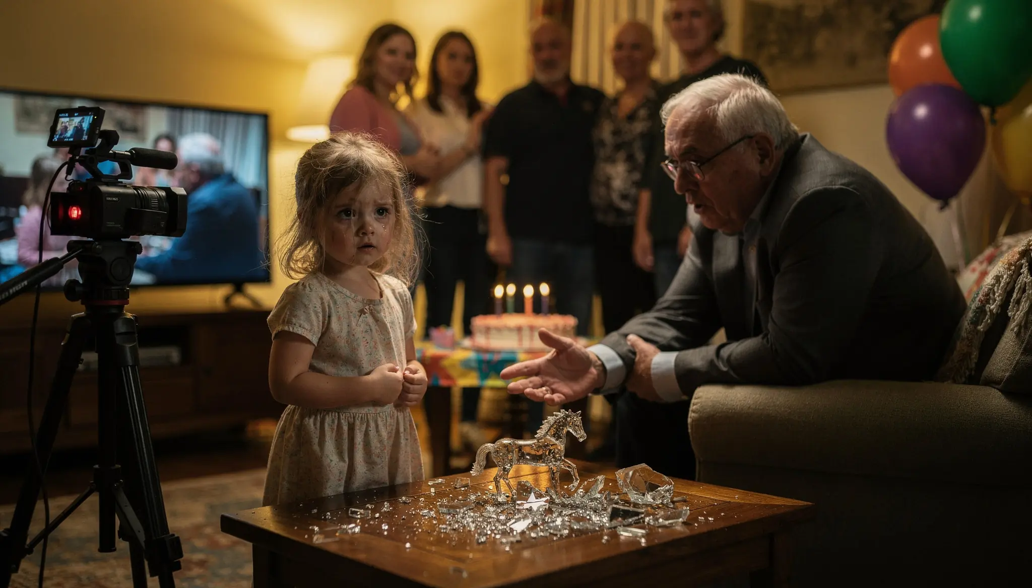 A Little Girl Was Blamed for Shattering Her Grandfather’s Crystal Horse — Then the Birthday Camera Kept Recording