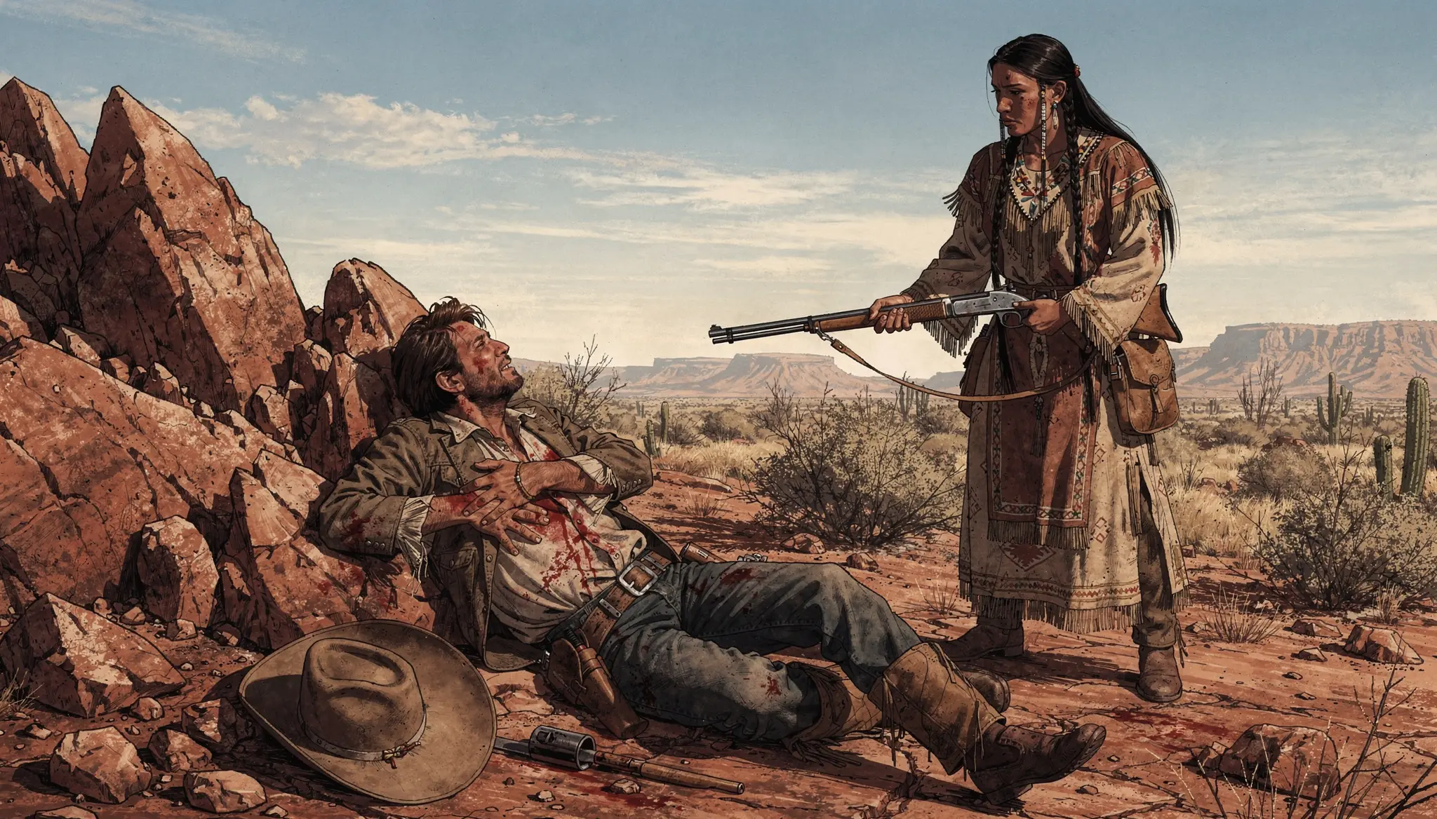 A Wounded Rancher Collapsed Between the Rocks — Then an Apache Woman Lowered Her Rifle and Walked Toward Him