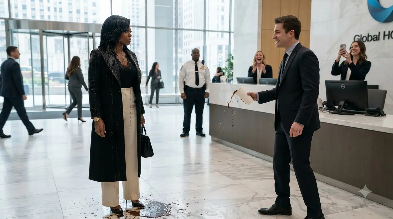They Drenched a Quiet Woman in Cola and Laughed — Ten Minutes Later the Lobby Fell Silent
