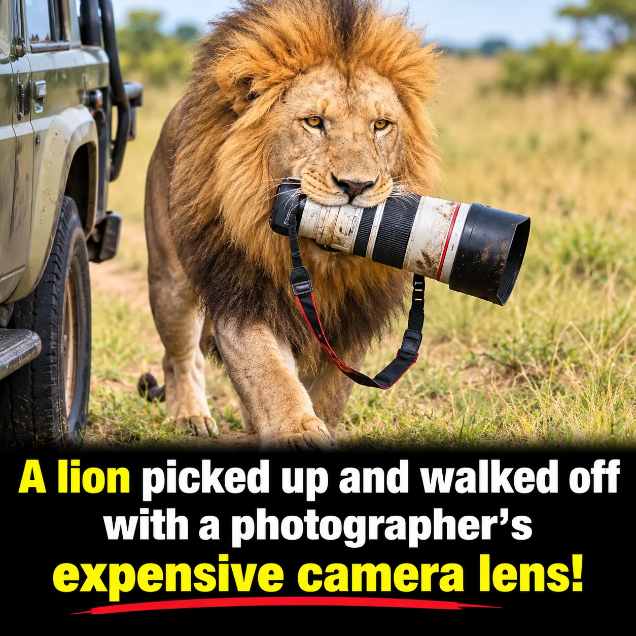 Lion in Kenya’s Maasai Mara Goes Viral After Walking Away With a Photographer’s $15,000 Camera Lens