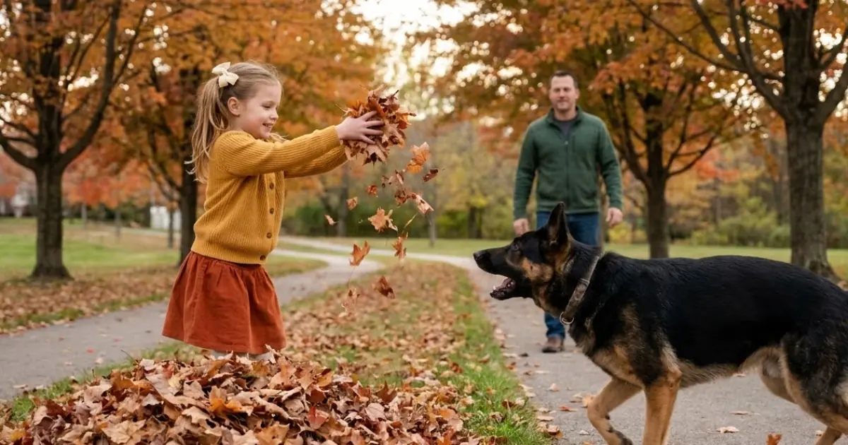 A Six-Year-Old Ran Toward a Giant Leaf Pile — A German Shepherd Came Out of Nowhere and Refused to Let Her Reach It