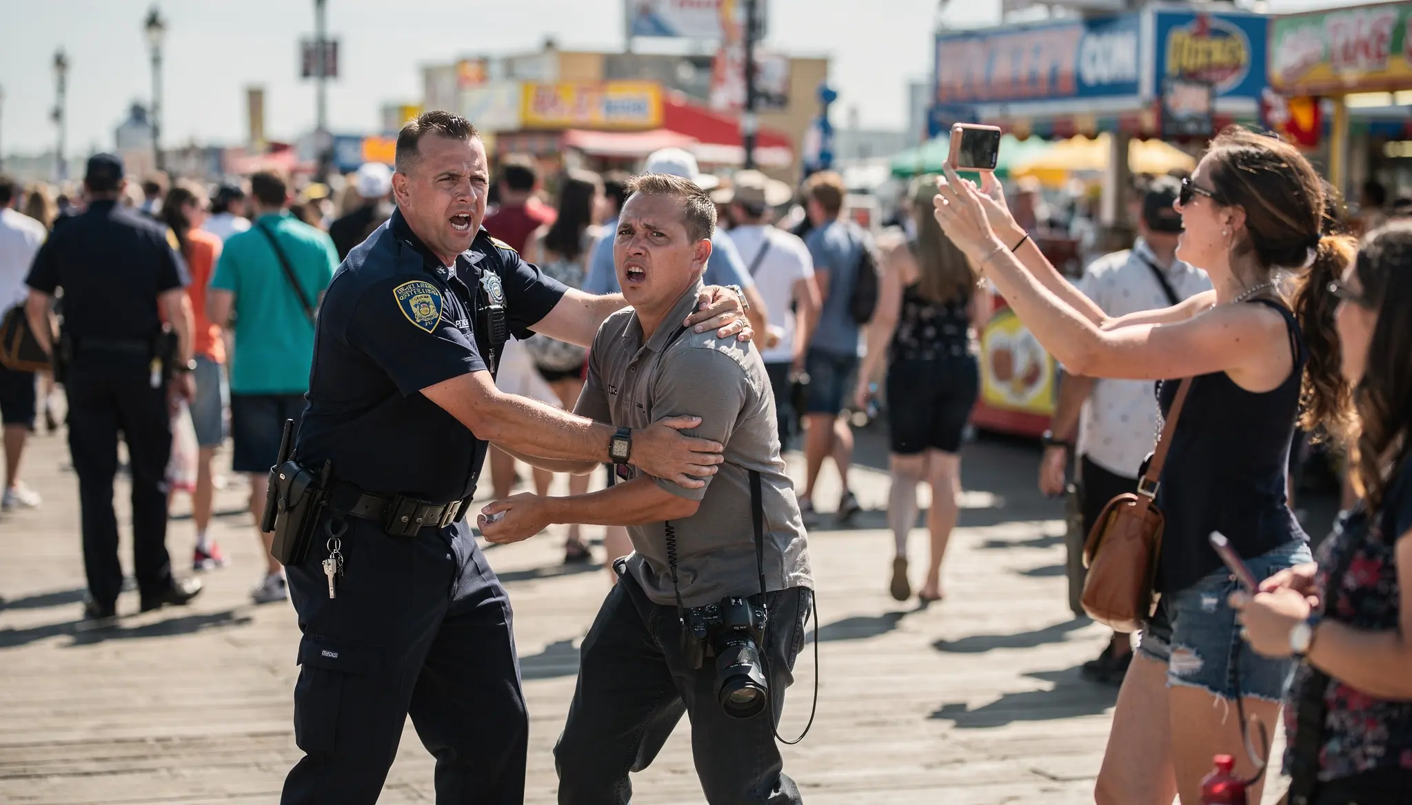 A Police Sergeant Grabbed a Photographer on a Crowded Boardwalk — Then a Woman Behind Them Raised Her Phone
