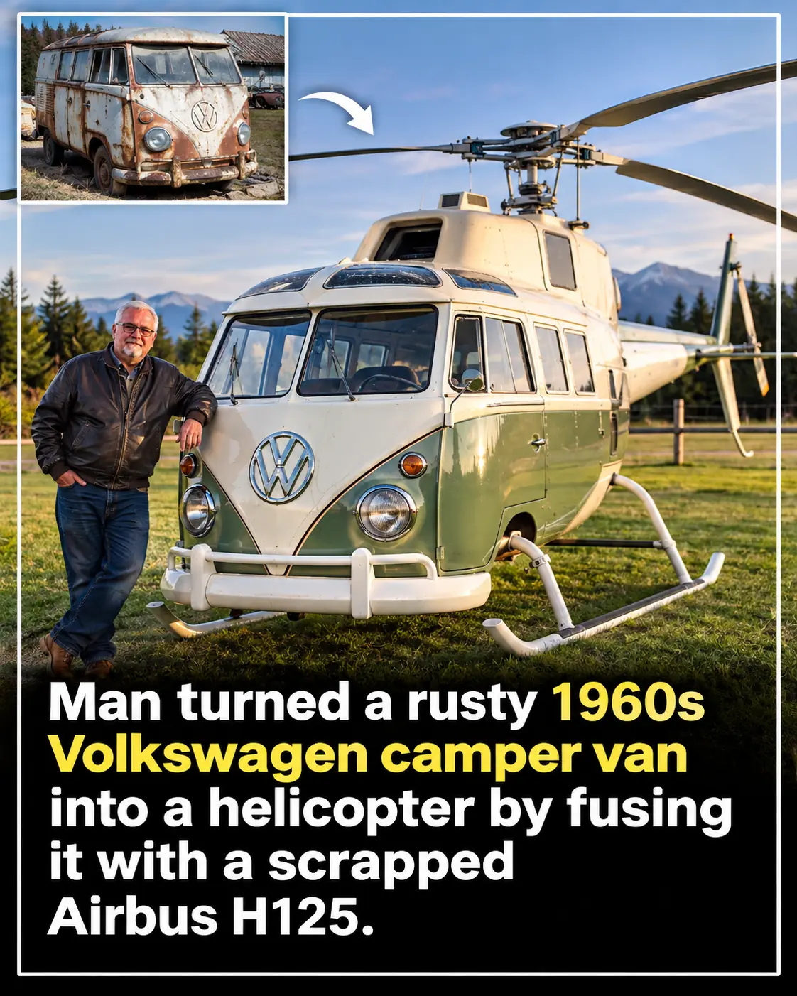 Canadian Aircraft Technician Turns a Rusty Volkswagen Camper Into a Wild “Frankencopter” Helicopter