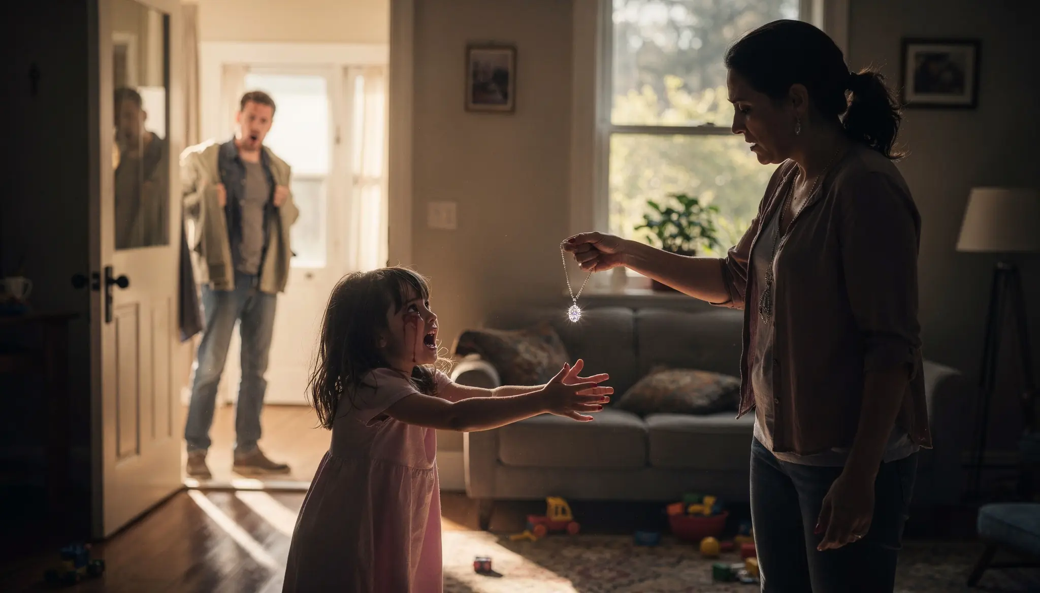 A Little Girl Reached for the Necklace in Her Stepmother’s Hands — Her Father Returned Before the Crying Stopped