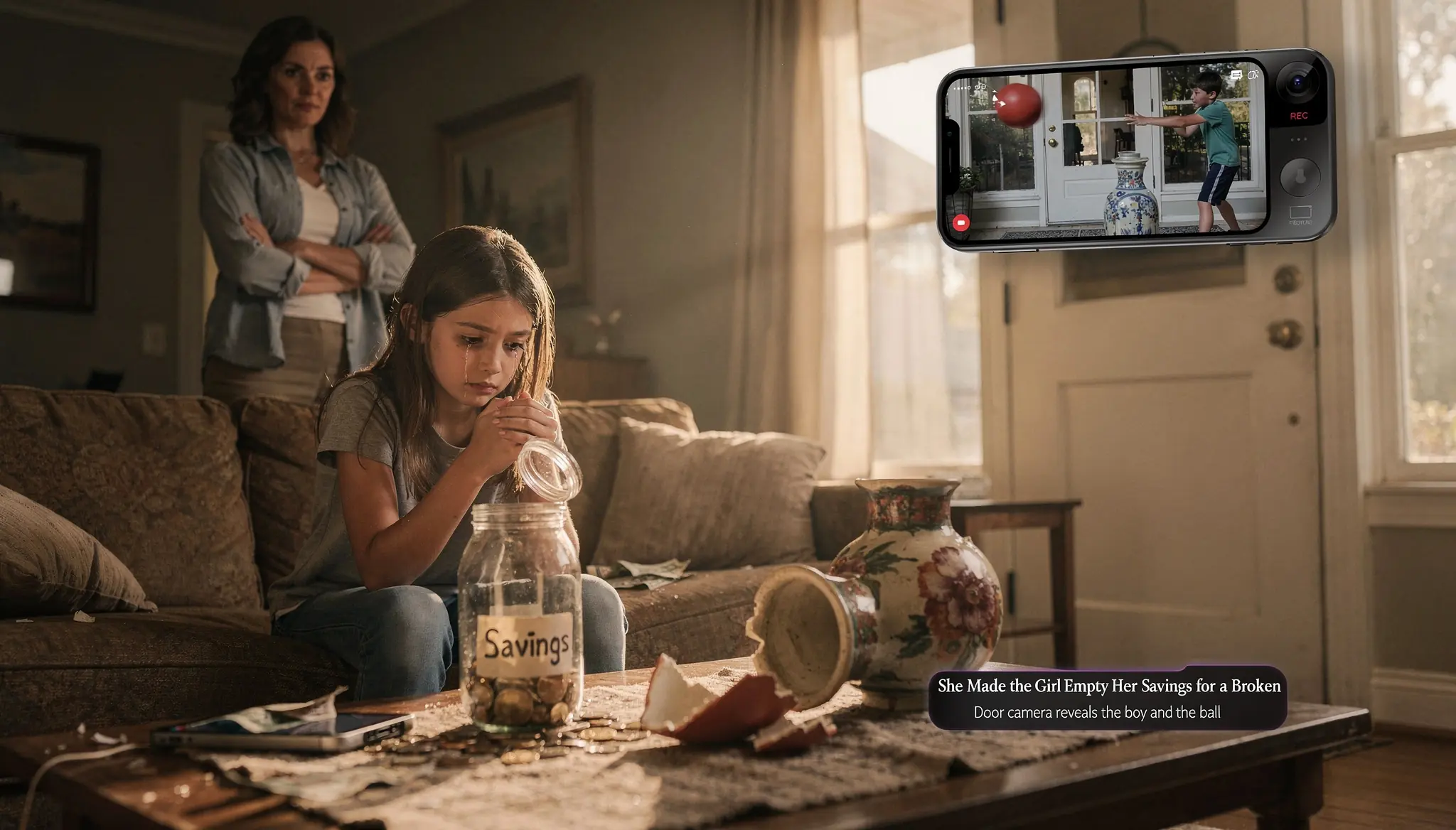 She Made the Girl Empty Her Savings for a Broken Vase She Never Touched — Then the Door Camera Showed the Boy and the Ball