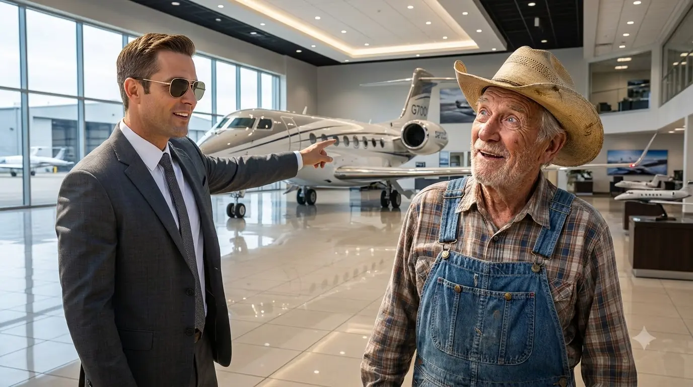 Salesman Saw an Old Farmer in a Cowboy Hat — Then He Pointed at the Most Expensive Jet