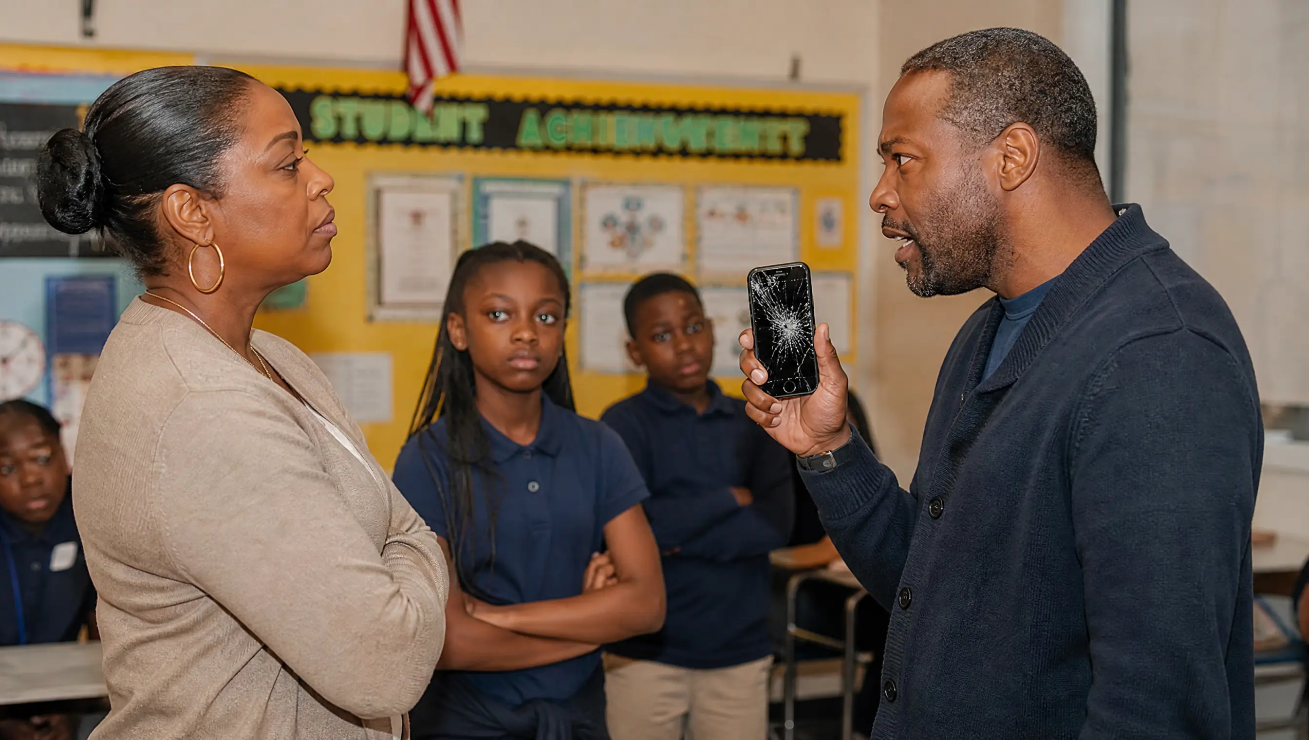 She Said Her Daughter Earned the Sealed Phone While His Died Every Ten Minutes — Then He Lifted the Shattered Screen to the Teacher