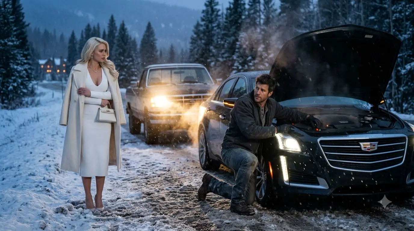 A Single Dad Fixed a Stranger’s Cadillac in the Snow — Then Both Their Phones Lit Up at Once