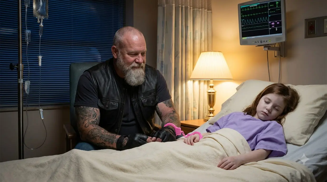 A Little Girl Handcuffed a Biker to Her Hospital Bed — Then His Cracked Phone Lit Up in the Dark