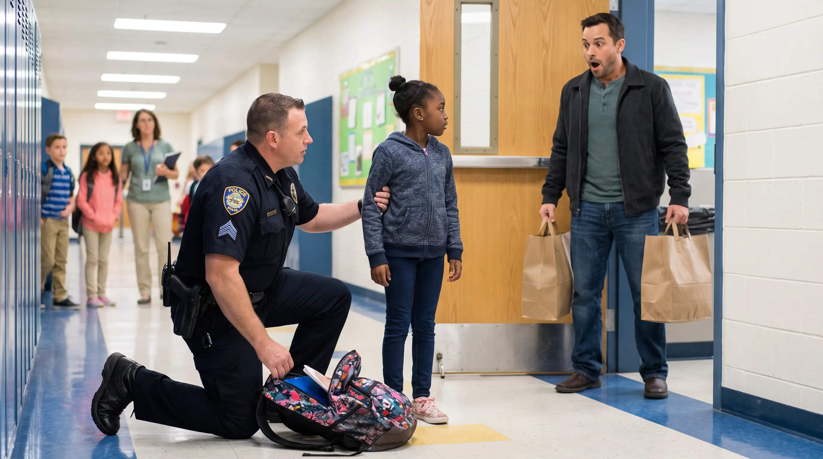 The Officer Dumped Her School Bag and Grabbed Her Arms — Until Her Father Walked In Carrying Groceries