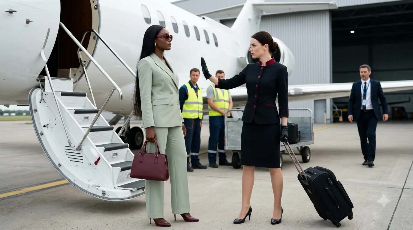 A Flight Attendant Refused to Let a Woman Board a Private Jet — Then One Folder Changed Every Face on the Tarmac