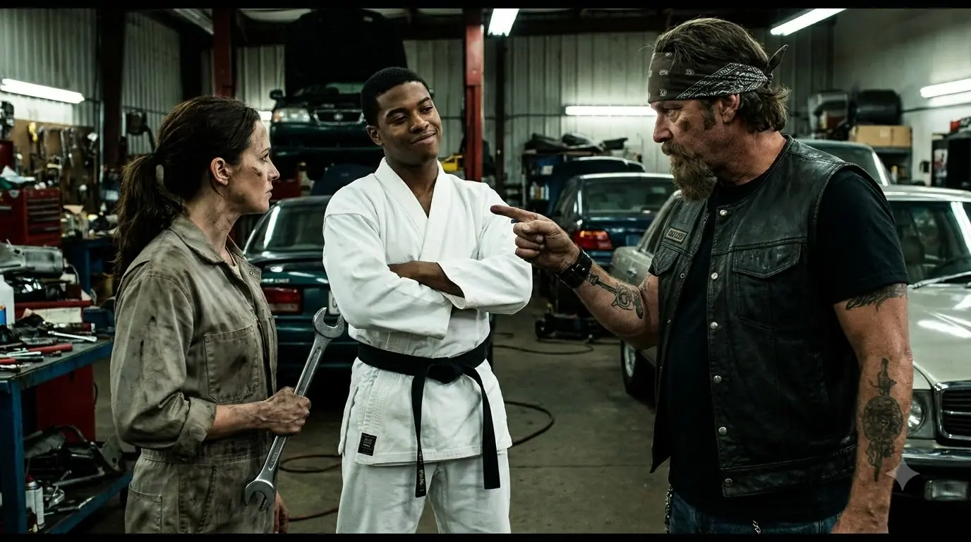 A Young Black Belt Challenged a Woman Mechanic — Then a Biker Said, “You Have No Idea Who She Is”