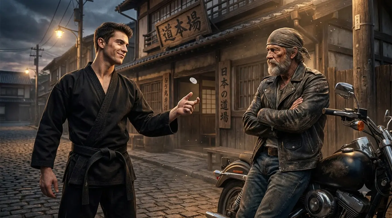 A Cocky Black Belt Threw a Quarter at an Old Biker — Six Seconds Later, He Realized Who He Was
