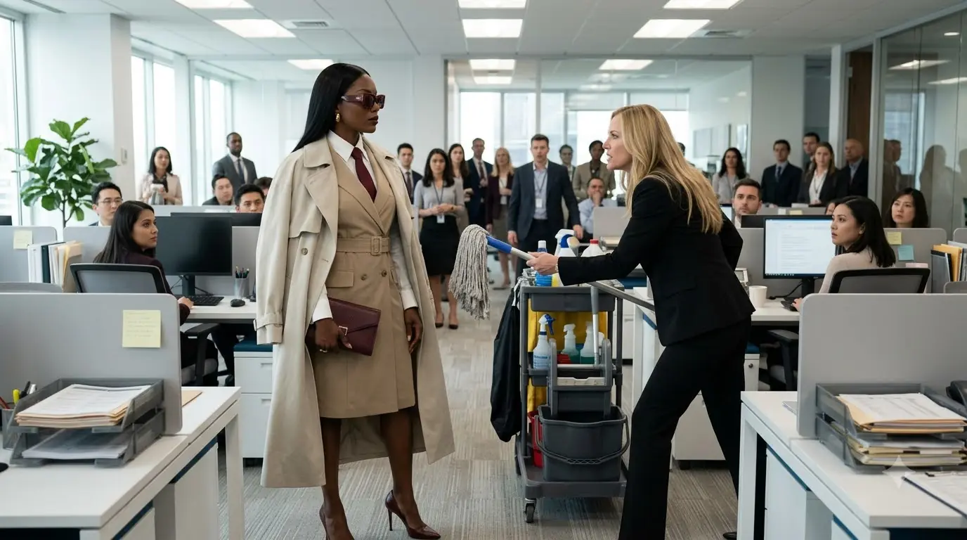 A Director Ordered a Woman to Clean the Office Floor — Then the Boardroom Door Opened Behind Her