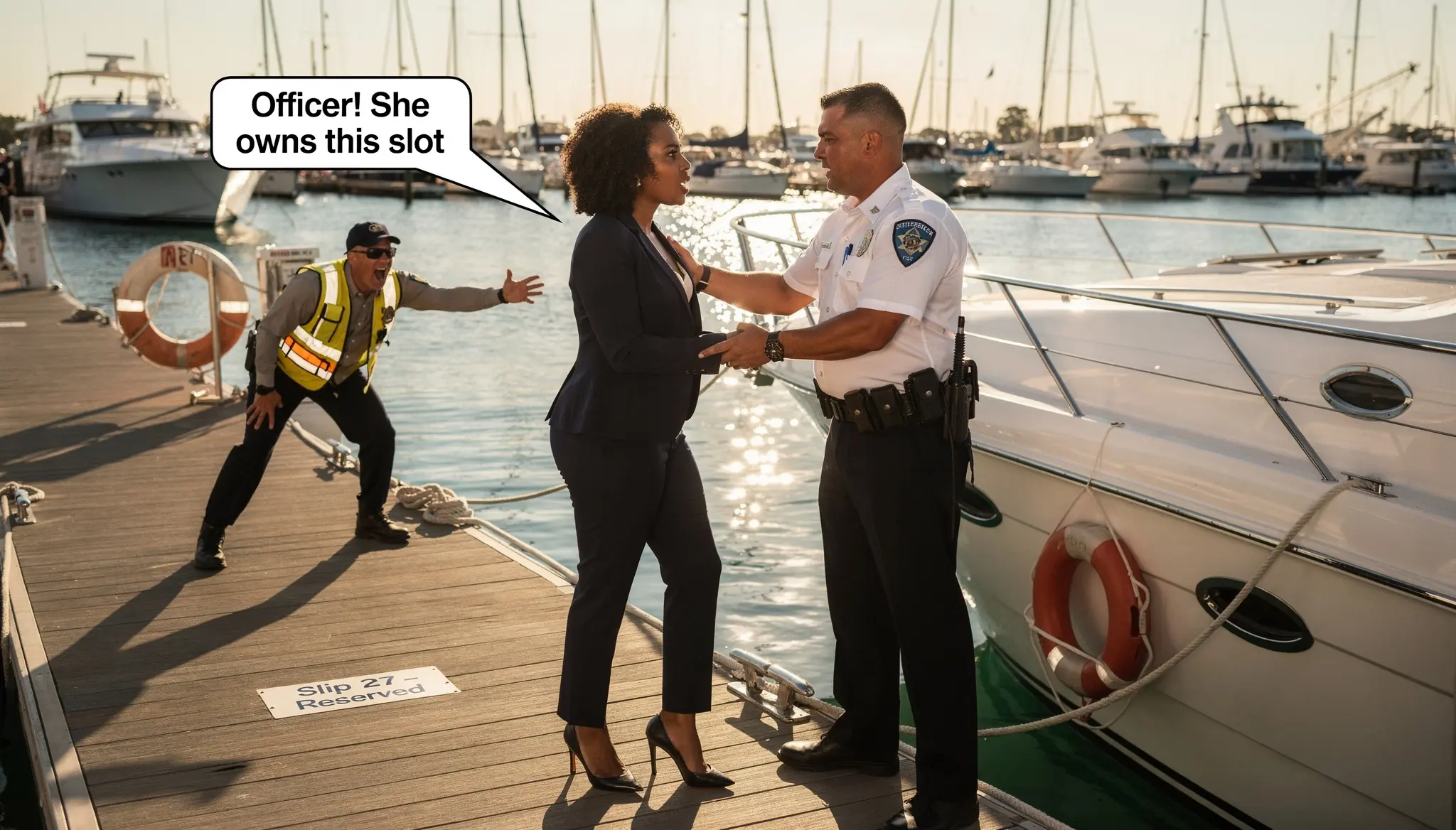 The Sergeant Grabbed Black Woman's Arm and Ordered Her Off the Yacht — Until the Marina Worker Shouted, "Officer! She Owns This Slot"