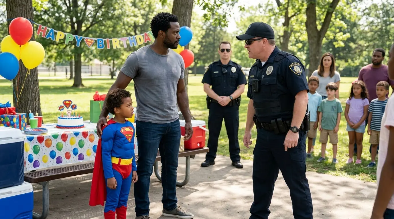 Police Officer Destroyed a Boy’s Superman Birthday Cake — Then a Black SUV Pulled Up Behind the Party