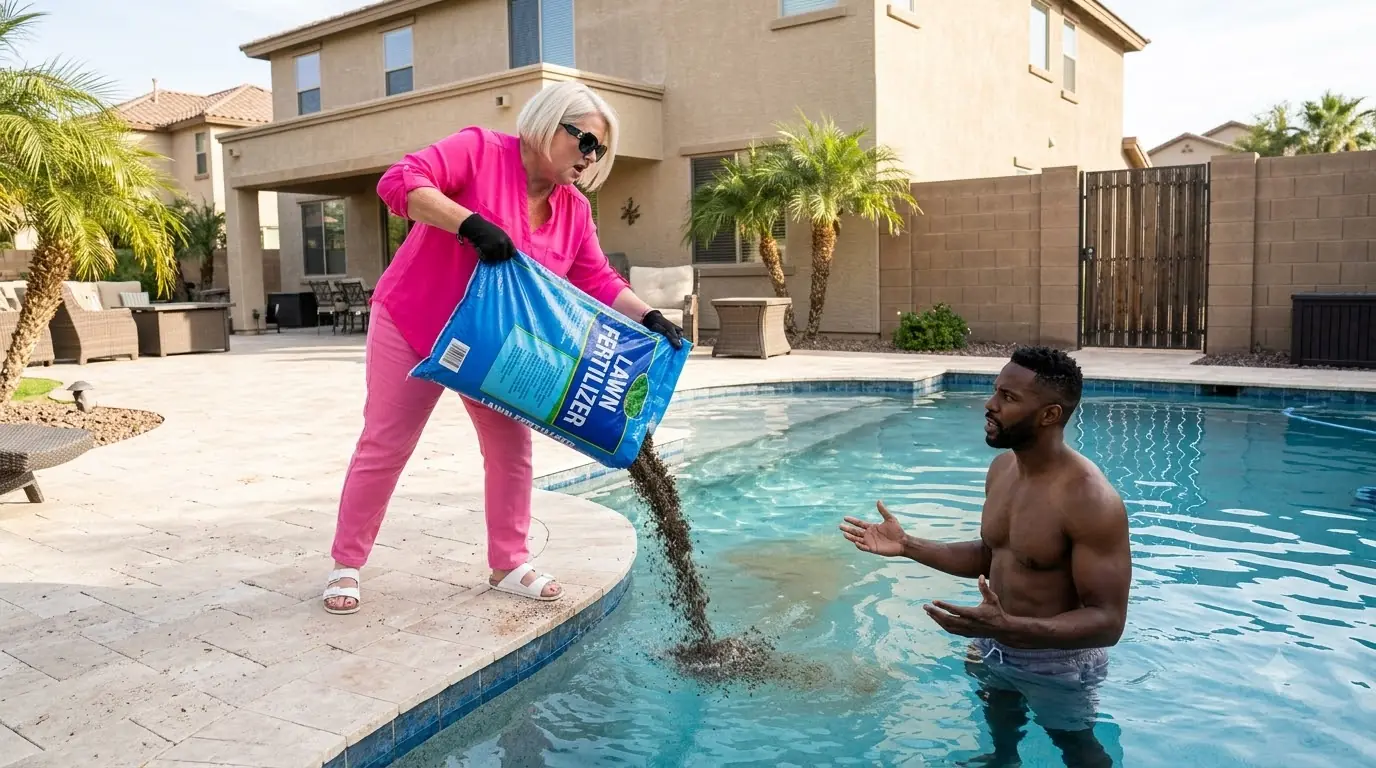 The HOA President Climbed My Fence and Dumped Fertilizer Into My Pool — Then She Heard Someone Unlock the Gate