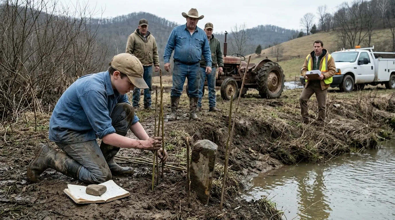 They Laughed at the Farm Boy Planting Sticks Beside the Creek — Then the County Surveyor Found Something Under the Mud