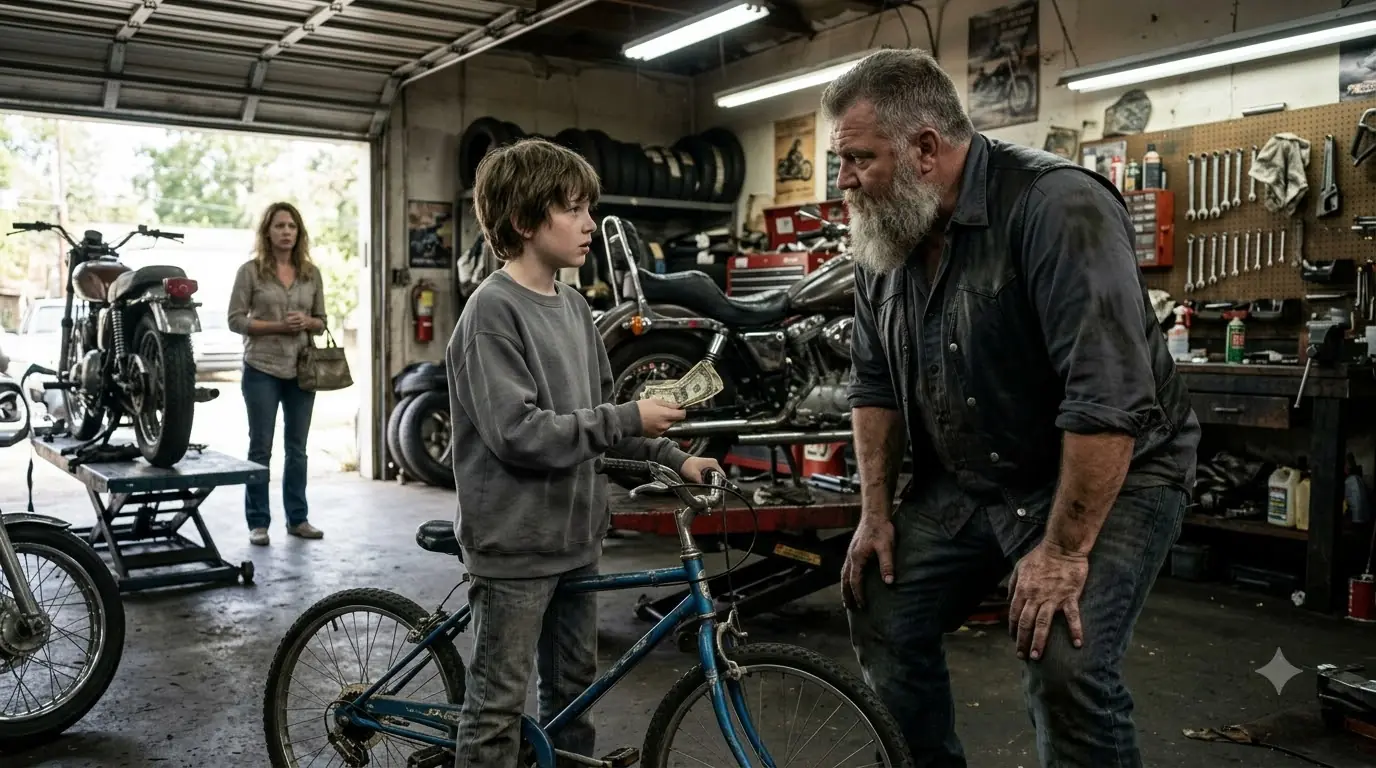 An 11-Year-Old Boy Offered a Biker $27 to Fix His Mother’s Bicycle — Then the Whole Garage Learned Why He Had Saved Every Dollar