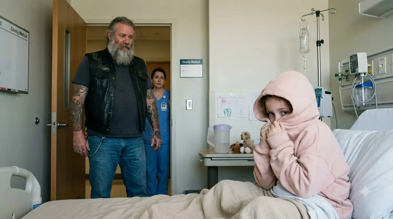 A 7-Year-Old Girl Hid Beneath a Pink Hoodie After Brain Surgery — Then a Gray-Bearded Biker Walked Into Room 304