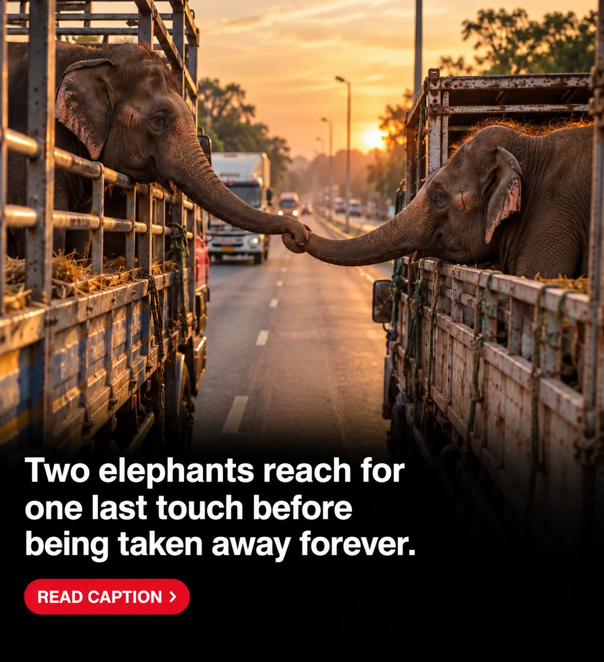 Two Elephants Reached Across Separate Trucks to Touch Trunks—A Heartbreaking Moment That Touched Millions of Hearts