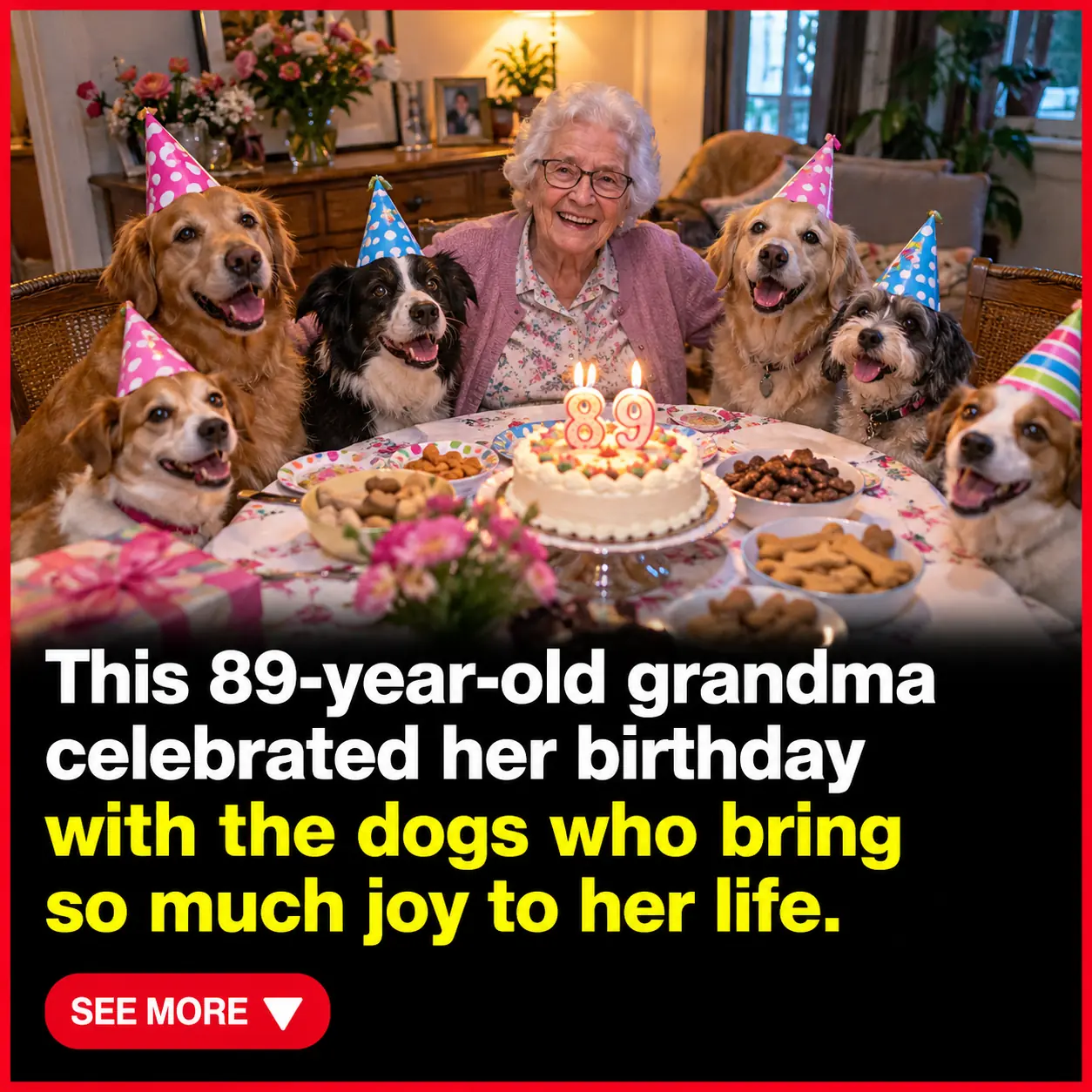Grandma Celebrates Her 89th Birthday Surrounded by Her 10 Beloved Dogs—and the Adorable Party Melts Hearts Around the World 🐶❤️🎂