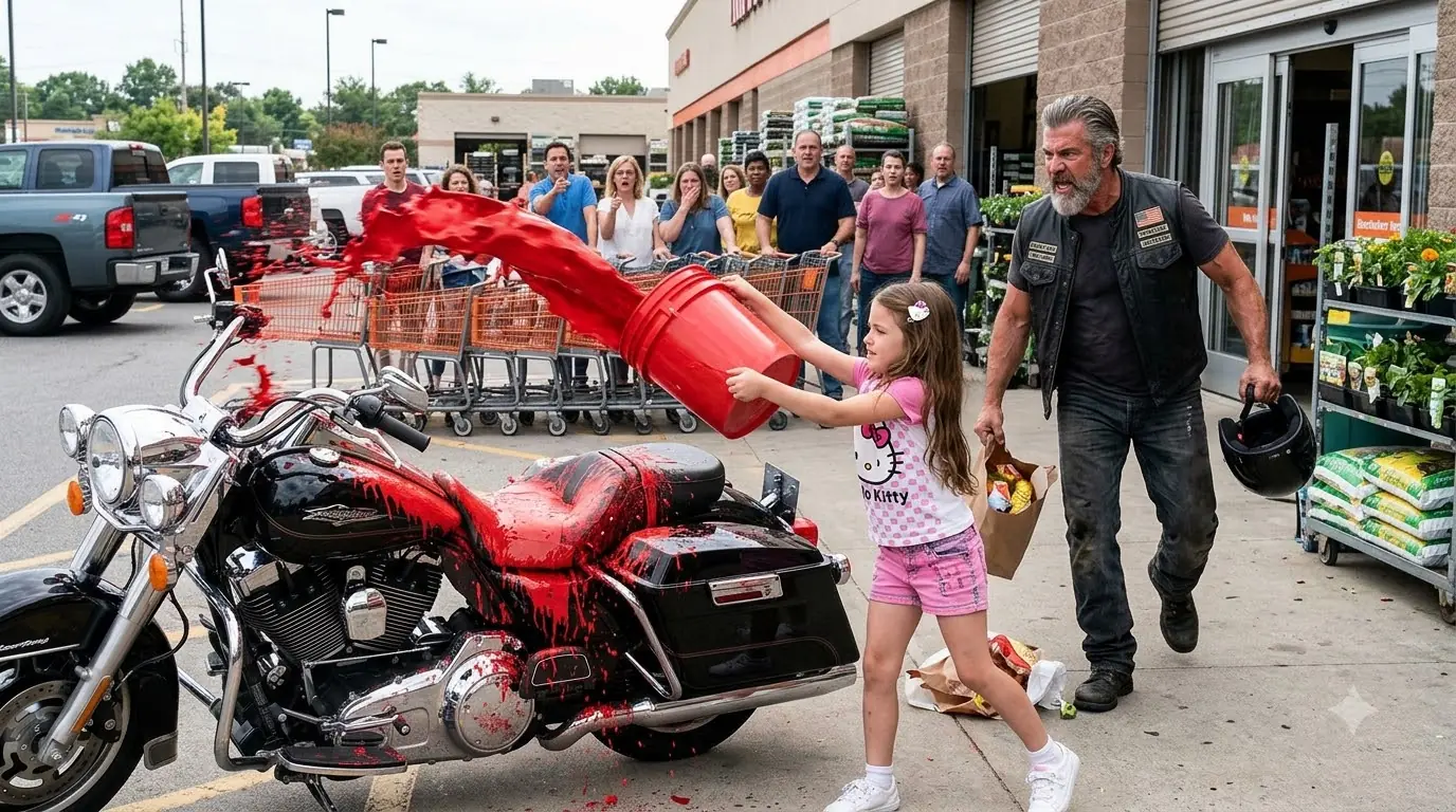 A 9-Year-Old Girl Dumped Red Paint on a Biker’s Brand-New Harley—Then He Looked Beneath the Rear Wheel