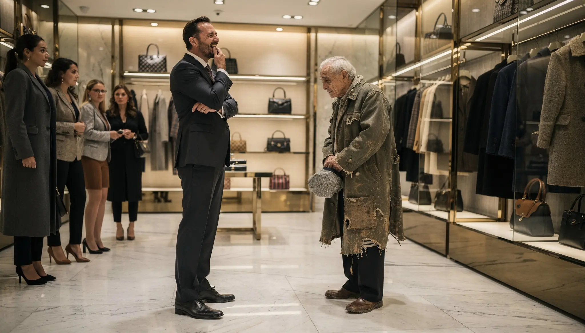 Manager Laughs at an Elderly  Man's Worn Coat in Luxury Store — Until the Owner Calls Him