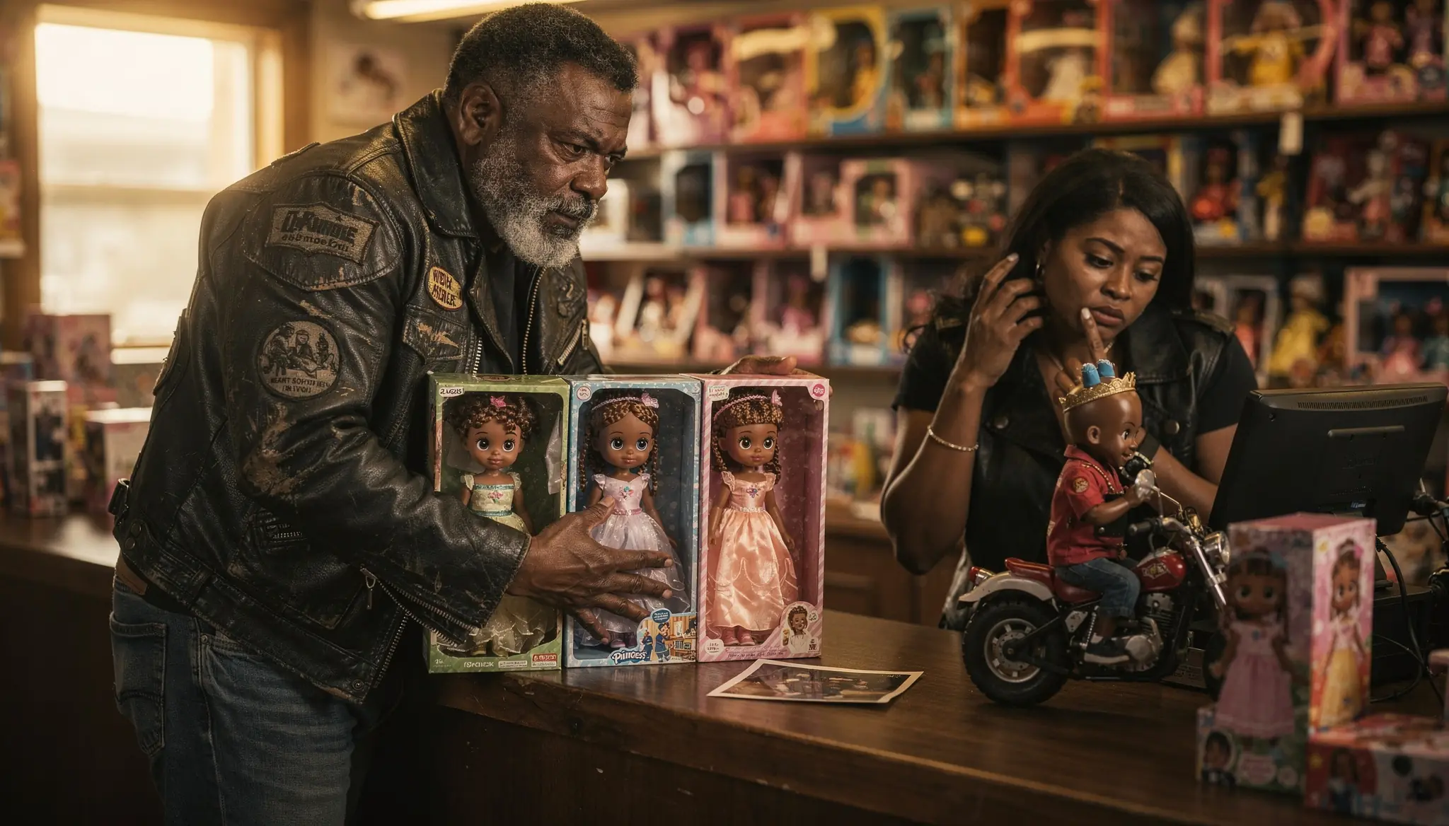 A Grizzled Biker Bought Three Princess Dolls for a Little Girl He Lost — Until the Cashier Looked at His Old Photo and Whispered, "That's… Me"