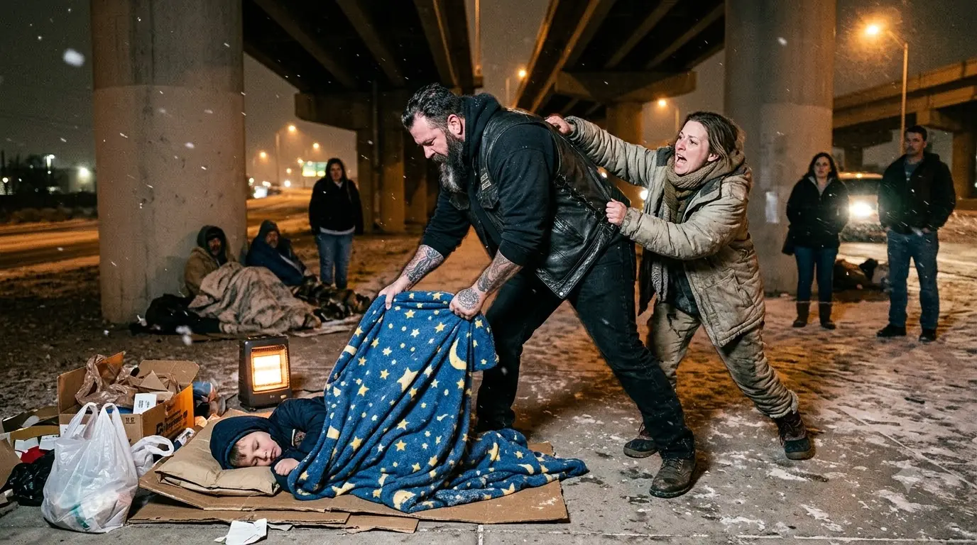 A BIKER RIPPED THE LAST BLANKET OFF A HOMELESS BOY IN 19° WEATHER—THEN HIS FIVE WORDS MADE EVERYONE BACK AWAY