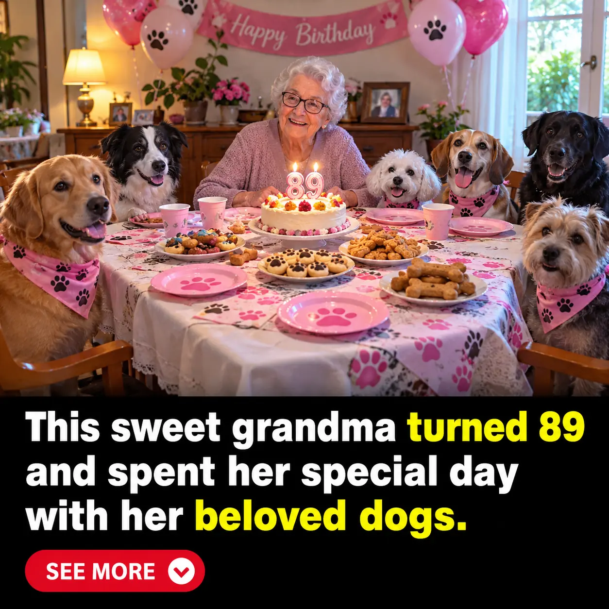 Grandma Celebrates Her 89th Birthday With 10 Beloved Dogs Around the Table, and the Heartwarming Moment Melts Hearts Worldwide