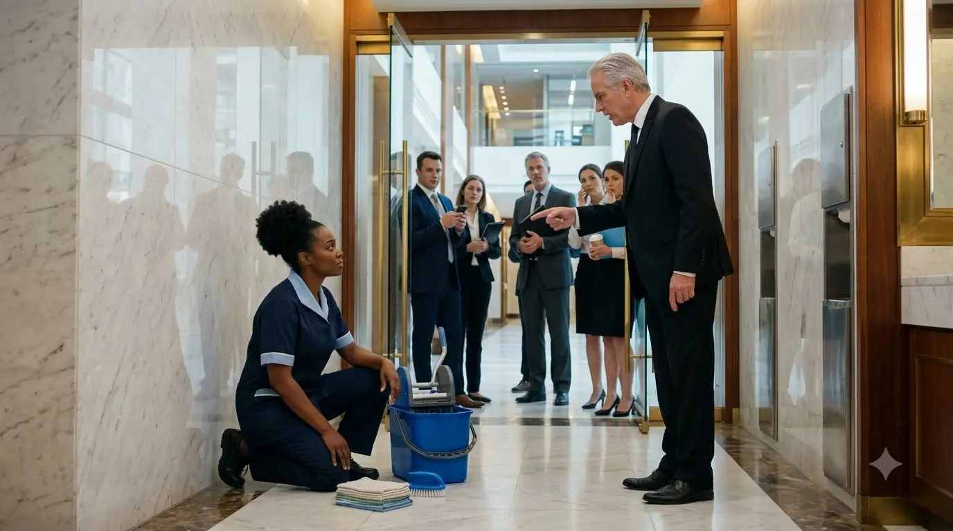 They Ordered the “Janitor” to Scrub the Executive Restroom — Then the Board Meeting Began Without Them