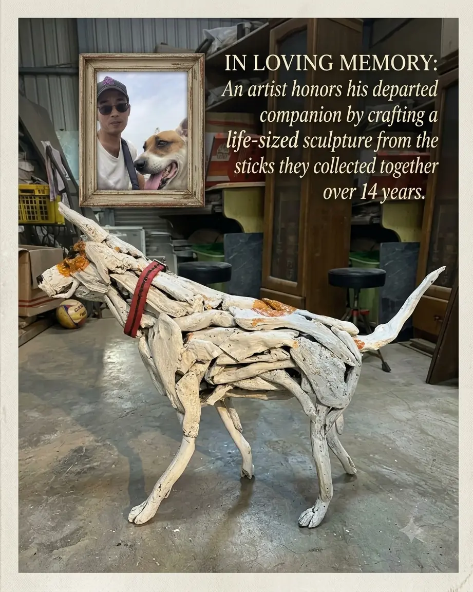 He Lost His Beloved Dog of 14 Years, So He Created a Heartbreaking Wooden Sculpture Using Driftwood They Collected Together