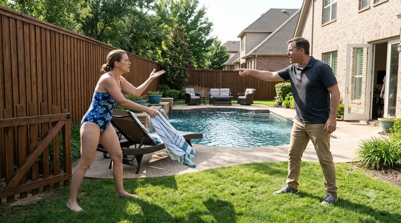The HOA President Climbed the Fence to “Inspect” a Private Pool — Then the Patio Door Opened Behind Her