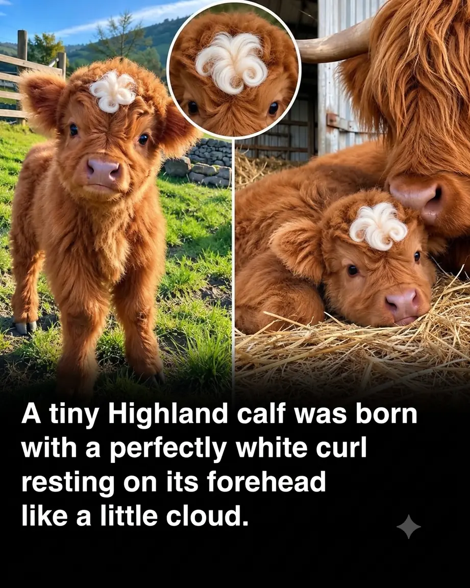 A Highland Calf Was Born With a Tiny White Curl on Its Forehead That Looks Just Like a Little Fluffy Cloud