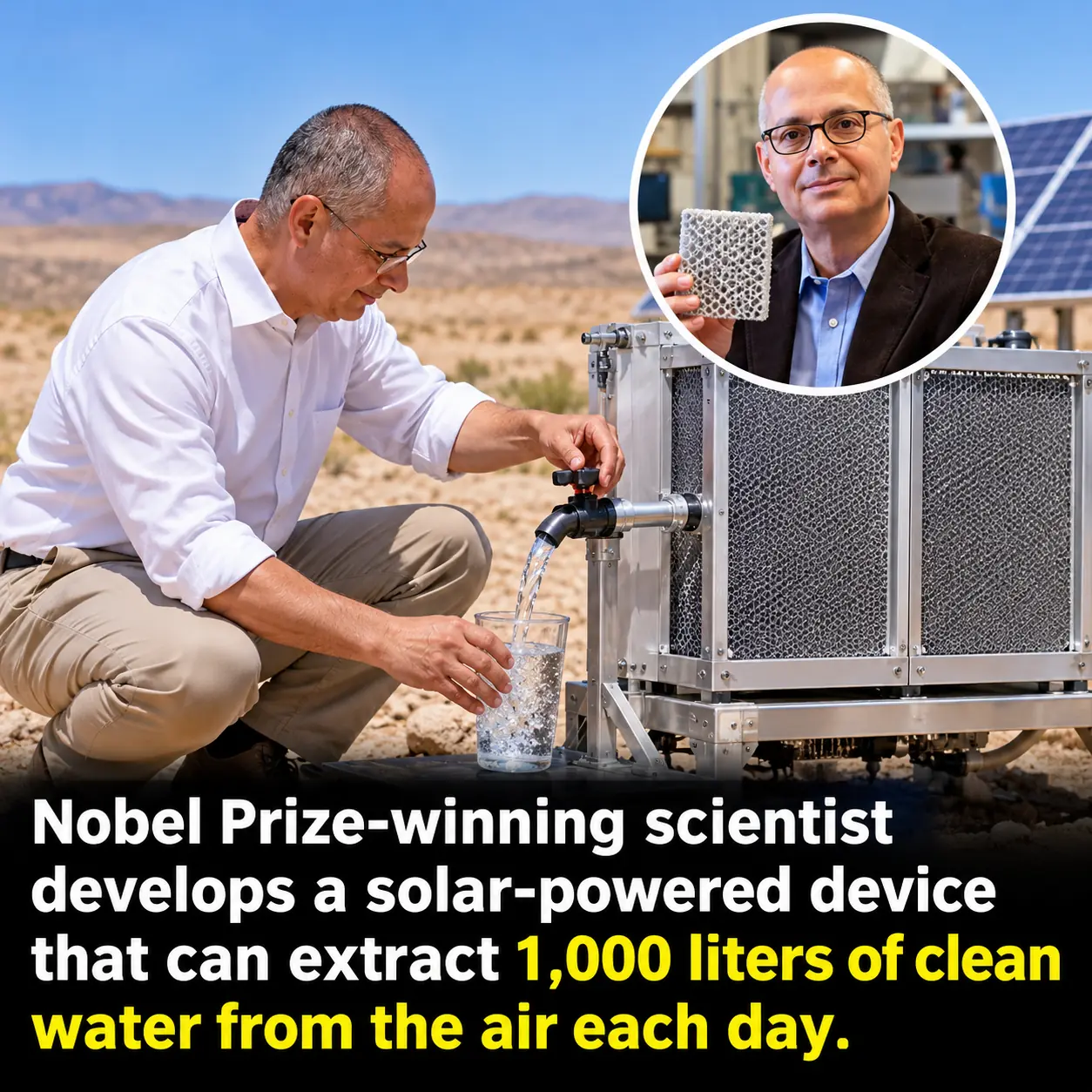 From Growing Up Without Running Water to Winning the Nobel Prize: Scientist Omar Yaghi Develops Solar-Powered Technology That Turns Desert Air Into Clean Drinking Water.