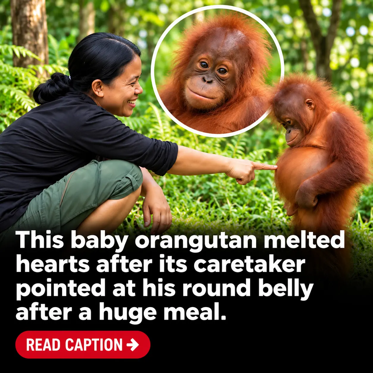 Baby Orangutan Goes Viral for Its Hilariously Offended Reaction After Caretaker Points Out Its Big, Round Belly Following a Huge Meal! 😂🦧❤️