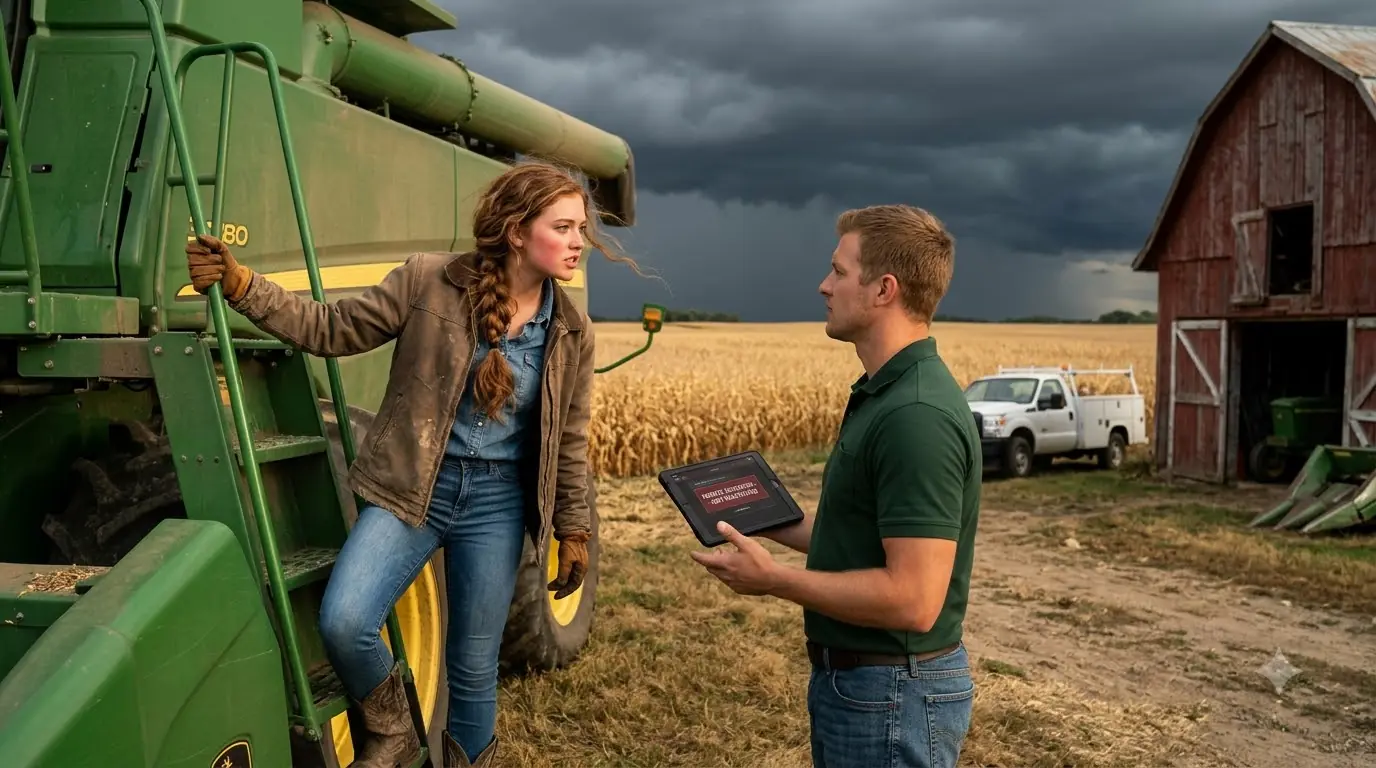 A Dealer Shut Down Her $300,000 Combine Before the Storm — Then the Young Farmer Walked Toward the Old Barn