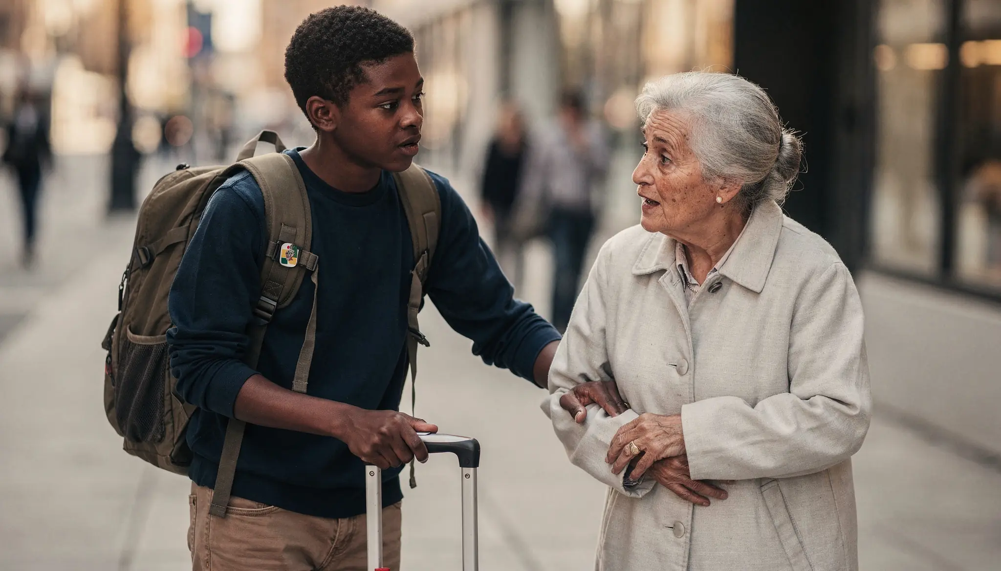 Black Boy Helped An Old Woman Carrying Her Suitcase — Then She Noticed A Pin on His Backpack