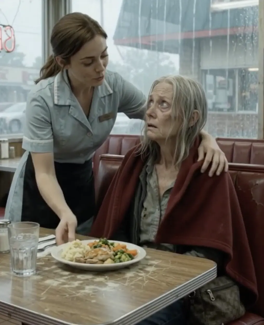 A Waitress Gave Her Coat to a Freezing Old Woman — Three Days Later, a Stranger Arrived With a Request Nobody Expected