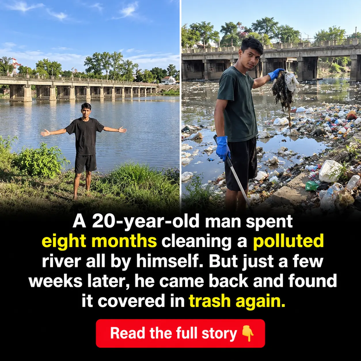 20-Year-Old Spent Eight Months Cleaning a Polluted River Almost Alone—Only to Return Weeks Later and Find It Filled With Garbage Again