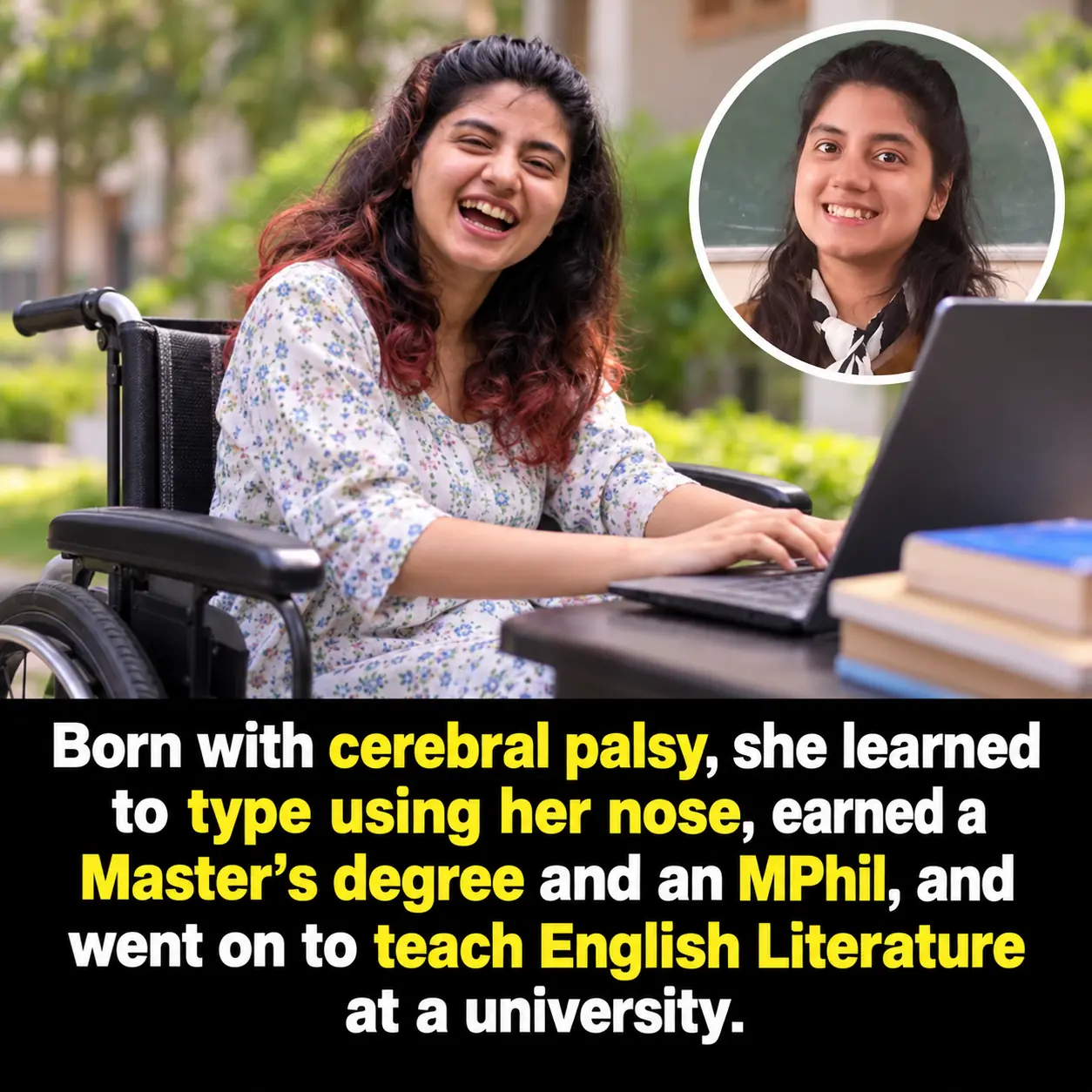 Born With Cerebral Palsy, She Learned to Type With Her Nose, Earned Two Postgraduate Degrees, and Became a Delhi University Teacher ❤️