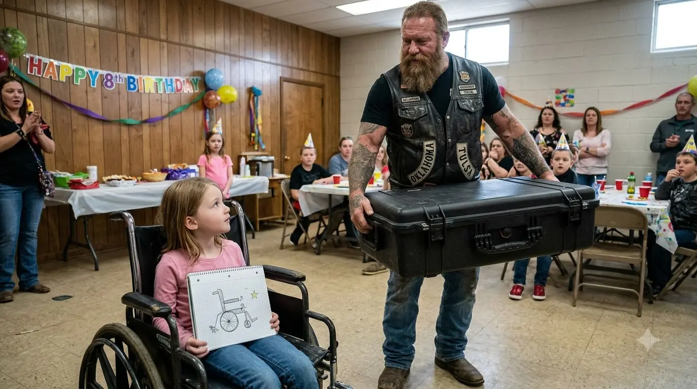 A Biker Carried a Coffin-Shaped Case Into a Little Girl’s Eighth Birthday — Then He Asked Her to Open Her Father’s Notebook