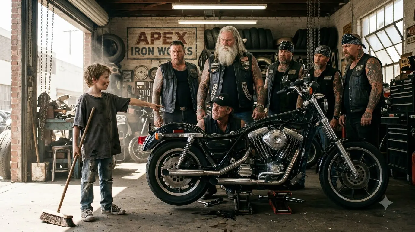 Six Mechanics Laughed the Eight-Year-Old Sweeping Their Garage — Then He Pointed at the Harley None of Them Could Start