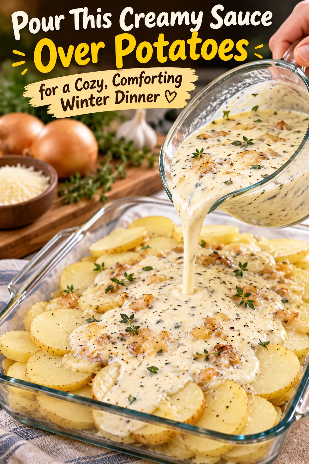 Pour This Creamy Sauce Over Potatoes in a Glass Baking Dish for a Cozy Winter Dinner That’s Pure Comfort in Every Bite